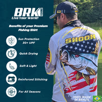 Brk Men's Long Sleeve Fishing Shirt Black Bass Fish UPF 30+ Sun Protection